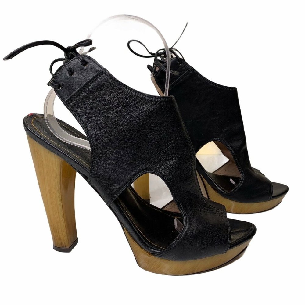 Armand Basi  Leather Cutout Wooden Platform  Heels